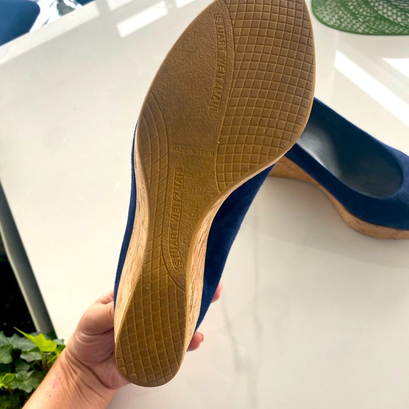 Navy Suede Stuart Weitzman Wedges with gold toe caps - Picture 2 of 3
